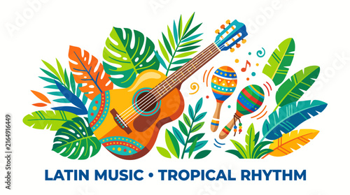 Photography Very beautiful colorful simple vector of acoustic guitar, maracas and tropical leaves with lively clean shapes, white background, no gradients, LATIN MUSIC • TROPICAL RHYTHM