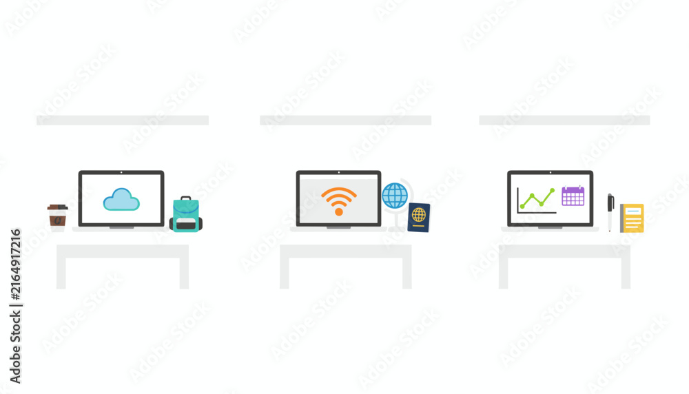 Fototapeta premium Three separate home office workstations featuring desktop computers with icons for cloud computing, internet connection, and business analytics.