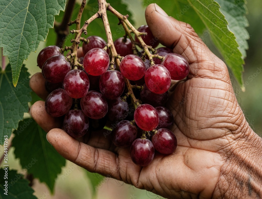 Fototapeta premium Hand holds ripe bunch of dark red Amazon tree grapes. Leaves and branches show origin in tropical South America. Fresh fruit is ready for harvest.