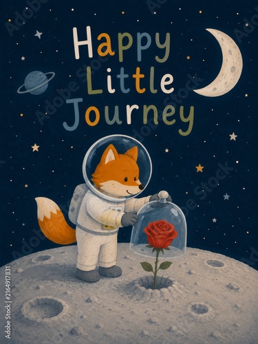 Happy Little Journey, Cute Fox Astronaut Exploring a Planet, Generative AI