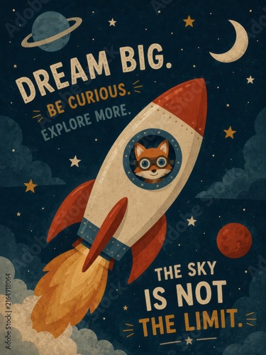 Dream Big, Curious Fox Exploring Space in Rocket, inspirational children's illustration, Generative AI
