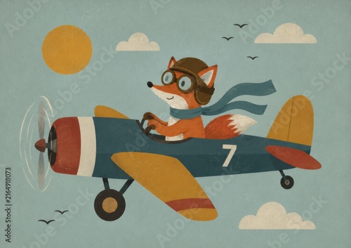 Cute Fox Pilot Flying Vintage Airplane, whimsical children's illustration, Generative AI