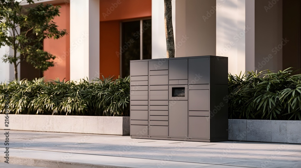 Naklejka premium Modern outdoor parcel locker unit with multiple compartments set against a building with orange and white walls surrounded by greenery