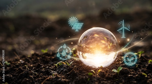 Luminous energy orb on dark moist soil with green seedlings and holographic symbols for renewable energy and water conservation, ideal for sustainable future and eco-innovation themes.
