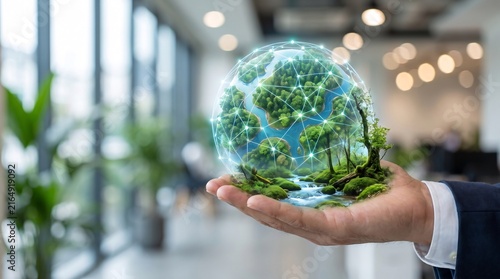Corporate professional hand holding a glowing digital Earth sphere with green forests and network connections, ideal for sustainability reports and environmental technology backgrounds.