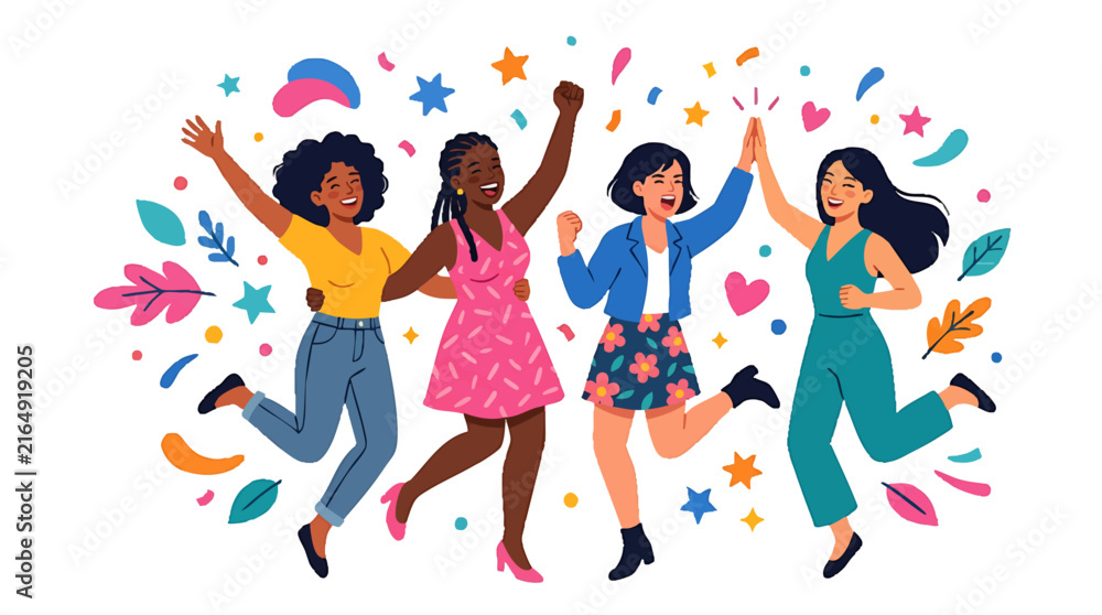Fototapeta premium Diverse group of four women celebrating together with confetti and colorful decorations isolated on white background