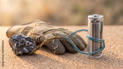 Concept of energy transition featuring raw mineral ore, a worn leather work glove, and a transparent battery cell connected by colorful wires on cork surface with copy space