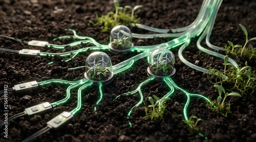 Close-up of bio-integrated electronic sensors and glowing green energy cables connected to miniature wind turbines in glass domes, perfect for innovation and biotech themes.