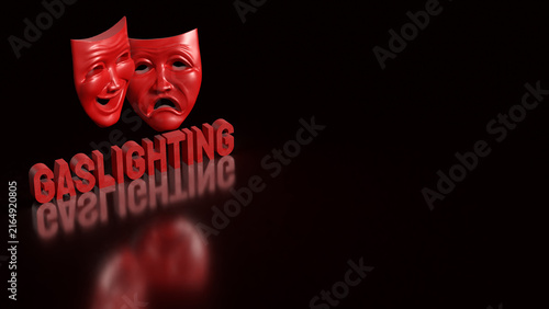 Red Theater Masks Symbolizing Gaslighting and Emotional Manipulation 3d render.