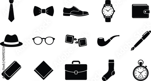Принти на полотні Gentleman fashion accessories icon set, 15 black silhouette male style elements,