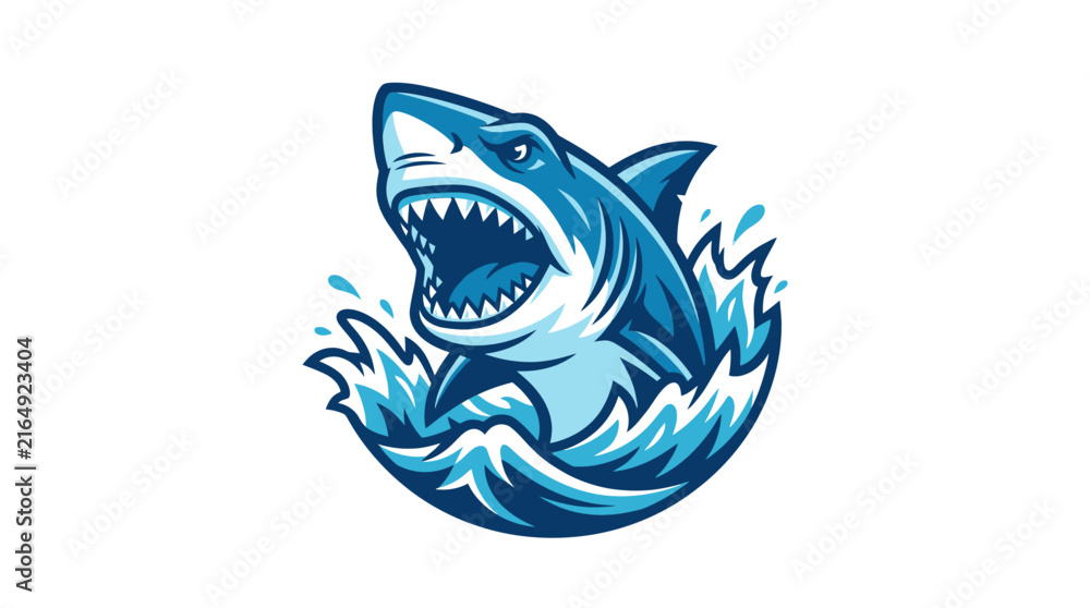 Fototapeta premium Fierce great white shark leaping out of blue ocean waves in a dynamic mascot logo illustration