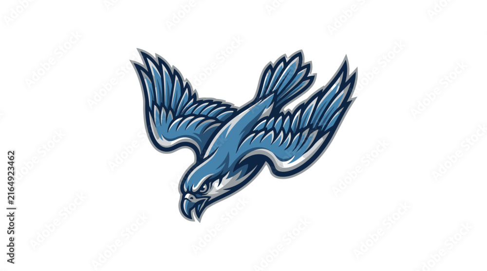 Fototapeta premium Blue hawk swooping down mascot illustration graphic design with fierce expression and dynamic wings