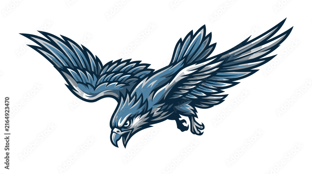 Fototapeta premium Blue eagle mascot flying in attack pose, powerful vector illustration for sports team branding