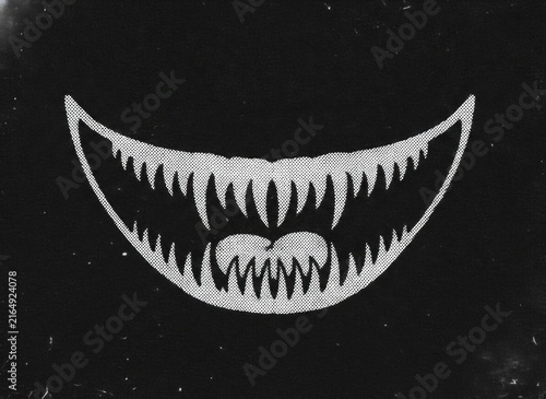 Creepy Monster Smile with Sharp Teeth on Black Background, Vintage Horror Style Illustration, concept of malevolence and primal fear
