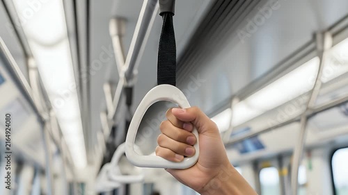 Passenger hand gripping a white overhead handle strap for stability while standing inside a modern commuter train carriage during a daily trip across the city