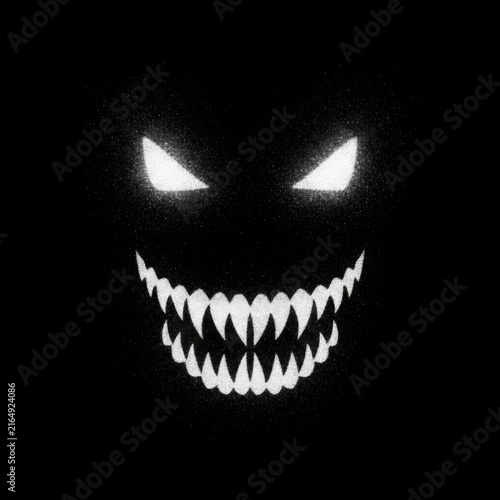 Spooky Monster Face with Glowing White Eyes and Sharp Teeth on Black Background, concept of fear and malevolence