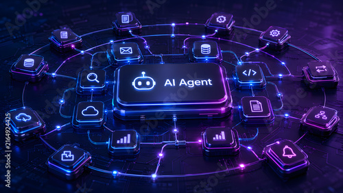 AI agentic workflow automation artificial intelligence agent software interface nodes triggers data tool dashboard coding icon flow process database technology 3d rendering