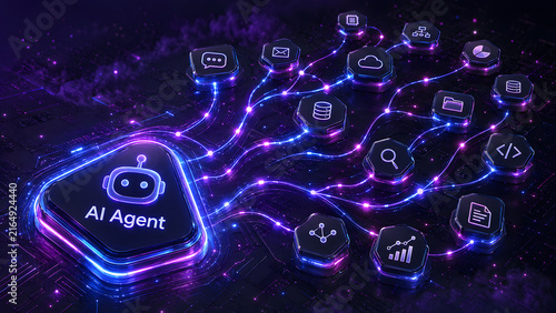 AI agentic workflow automation artificial intelligence agent software interface nodes triggers data tool dashboard coding icon flow process database technology 3d rendering