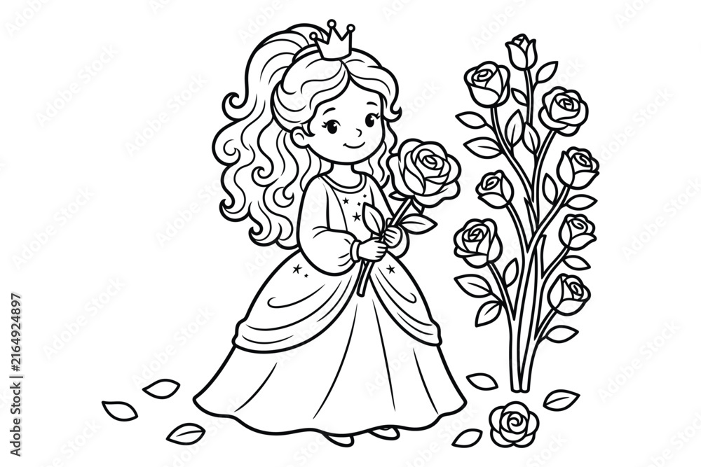 Fototapeta premium A cute little princess wearing a crown and a beautiful dress standing next to a rose bush