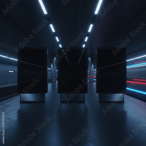Three Blank Vertical Billboards in a Futuristic Dark Subway Station with Neon Light Trails, concept of futuristic advertising and urban motion