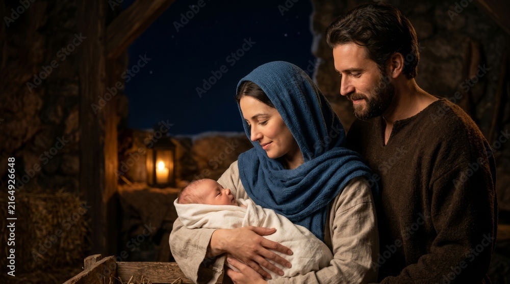 Obraz premium The Virgin Mary with the newborn infant Jesus and Joseph in a stable. Nativity scene (the Holy Family). Religious Christmas scene.