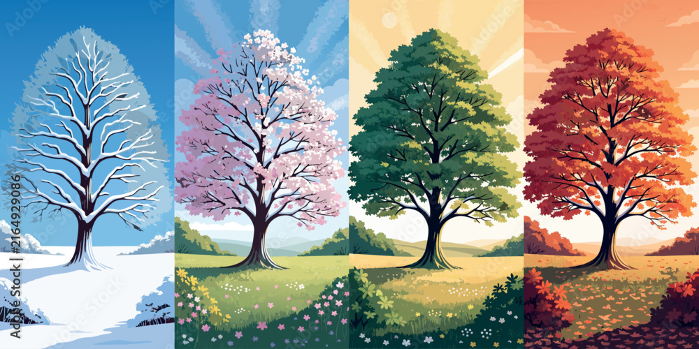 Naklejka premium Four seasons vector tree displaying seasonal changes in a nature landscape scenery