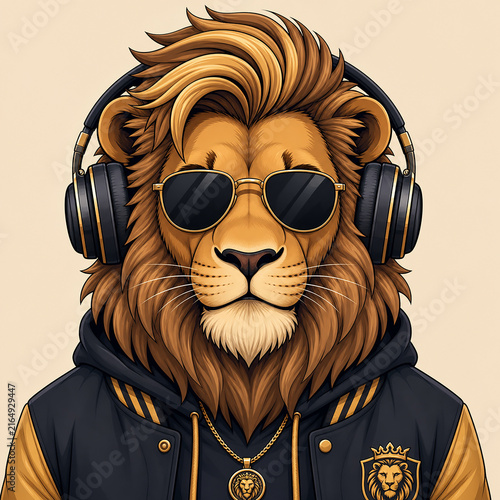 A stylized portrait of a lion wearing headphones and sunglasses with a gold frame on an isolated background. T‑shirt print.