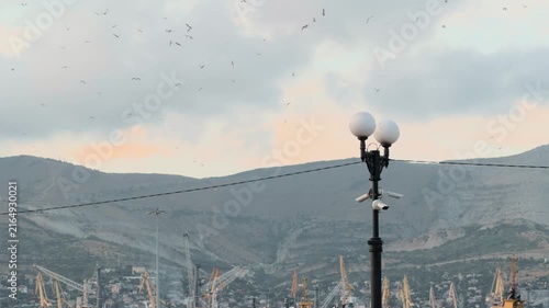 Security CCTV cameras on street lamp monitoring busy industrial sea port with cargo cranes and ships against massive mountain quarry background during beautiful cloudy evening sunset wide shot.