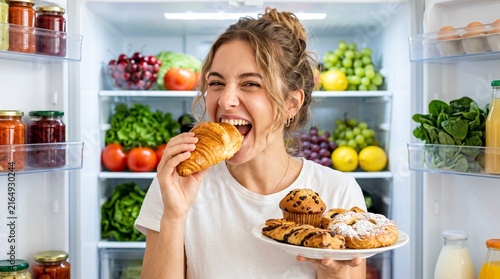 Commercial lifestyle stock photo of a young woman playfully taking a big bite of a pastry while holding a dessert plate in front of an open refrigerator.