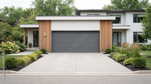 modern garage exterior with gray roll up door wooden accents and concrete driveway