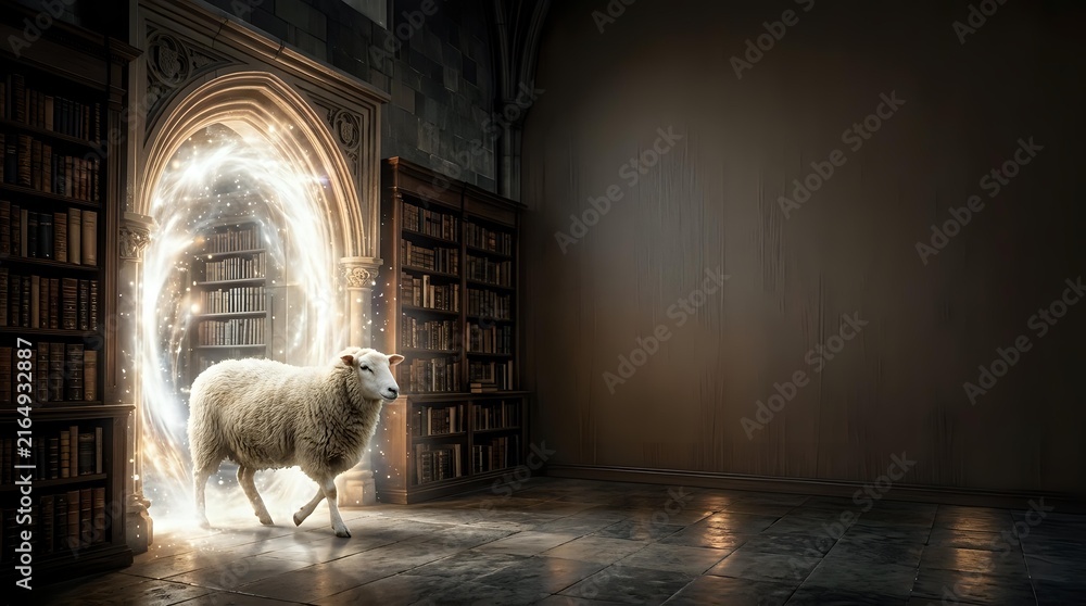 Obraz premium Llama with glowing neon halo standing in library with bookshelves