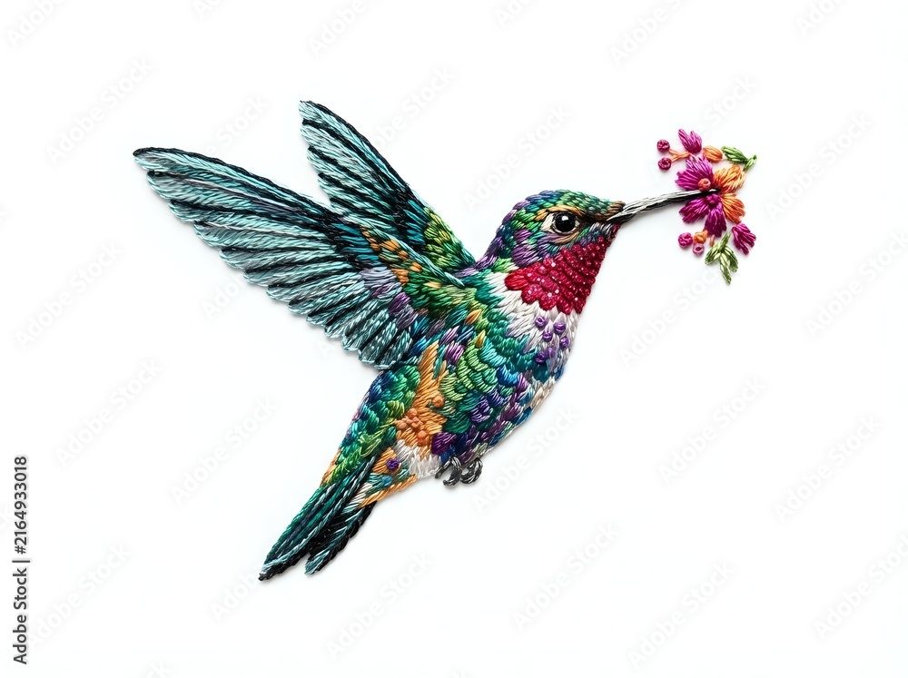 Obraz premium Colorful hummingbird with iridescent plumage in flight carrying small pink flowers, isolated on white background for nature and wildlife designs.