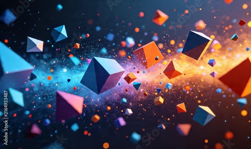 Abstract 3D geometric shapes floating in a vibrant digital space