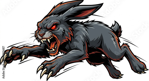 Принти на полотні A fierce black rabbit mascot leaping aggressively with sharp claws and glowing red eyes