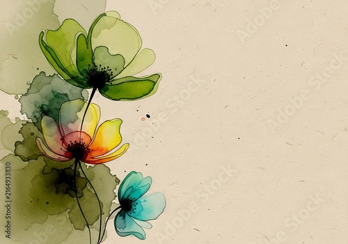 Serene hand-painted digital art featuring earthy olive and moss pigments with ethereal watercolor blooms over a textured natural paper base, texture, organic, decor
