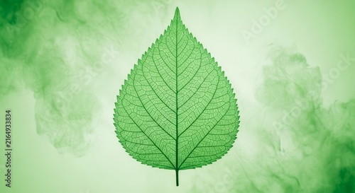 A serene organic composition showcasing intricate leaf patterns in moss and pistachio hues with soft, misty pigment dispersion and texture, sage, pigment, mist