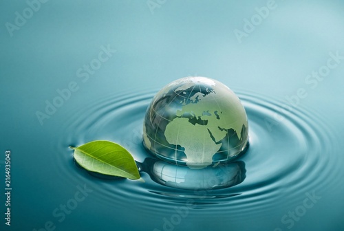 Glass earth globe on water surface with leaf sustainability concept