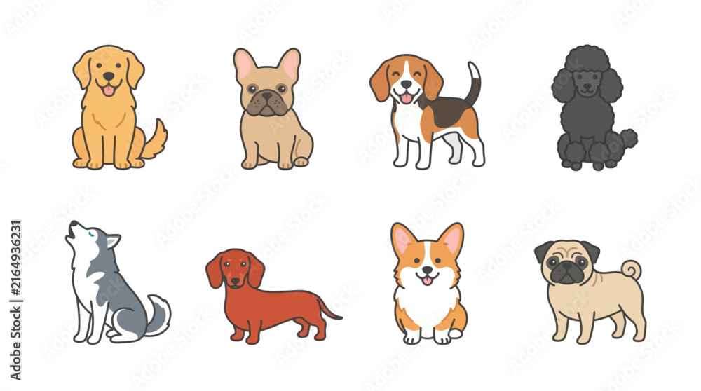 Obraz premium Cute Dog Breeds Cartoon Illustration Set with Golden Retriever French Bulldog Beagle Poodle Husky Dachshund Corgi and Pug