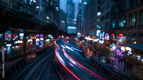 Motion Blur of Train Moving on Elevated Railway at Night