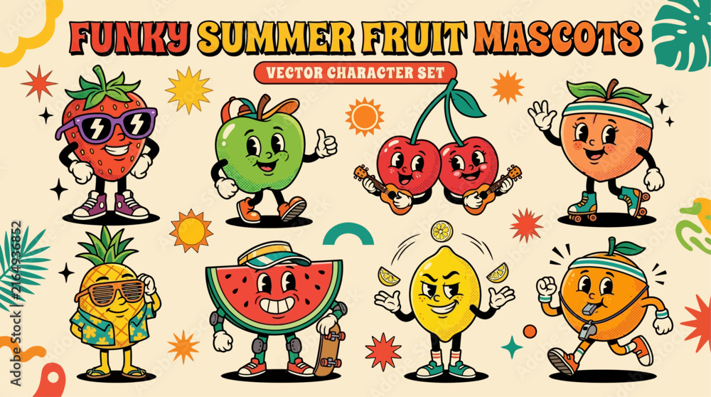 Fototapeta premium Retro Summer Fruit Character Set Featuring Funky Cartoon Mascots in Vintage Style Illustrations
