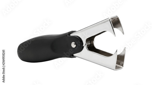 Professional staple remover with black handle, metal jaw staple puller for office use, stationery tool on white background