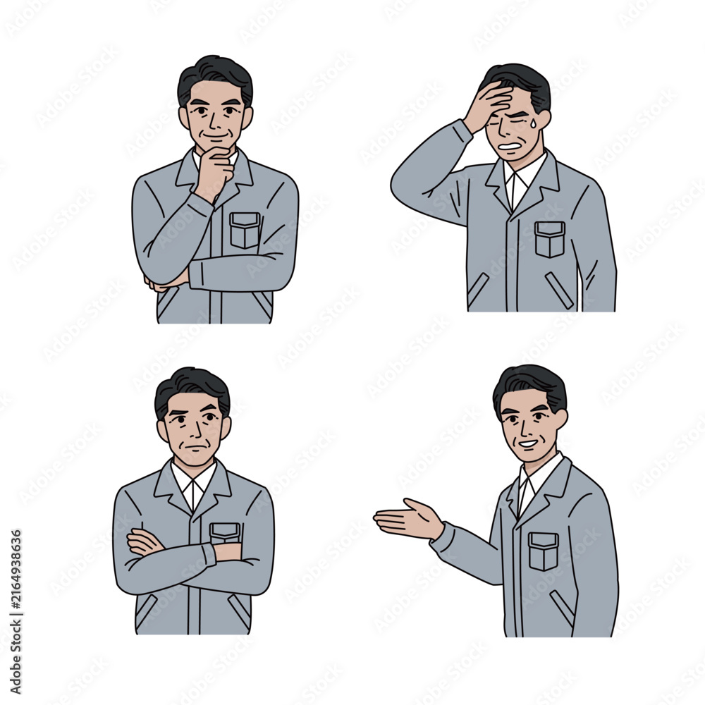 Fototapeta premium Male supervisor in gray uniform illustration set (thinking, worried, agreement, guiding)