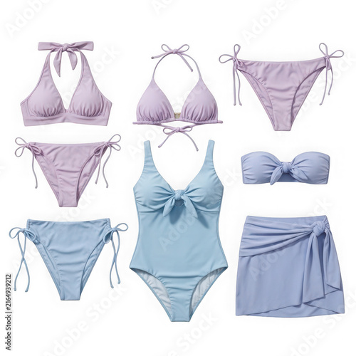 Set of modern pastel blue and lavender bikini swimsuits and beachwear clothing