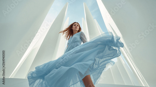 Elegant Woman in Flowing Blue Dress Standing Among Tall Minimalist White Pillars