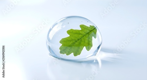 3D Render of Crystal Clear Water Droplet with Leaf Reflection, Freshness and Purity Concept