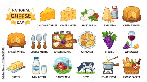A comprehensive set of premium vector illustrations showcasing assorted dairy products, cheese varieties, and farm-to-table food elements