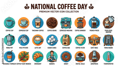 Premium vector icon set illustrating coffee culture and brewing equipment for National Coffee Day celebrations and café design projects