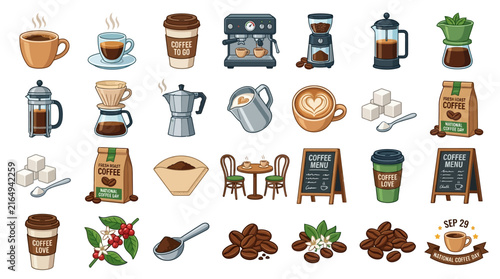 Comprehensive Coffee Icon Set Featuring Espresso Equipment Brewing Tools and Roasted Beans for Cafes and Beverage Menus