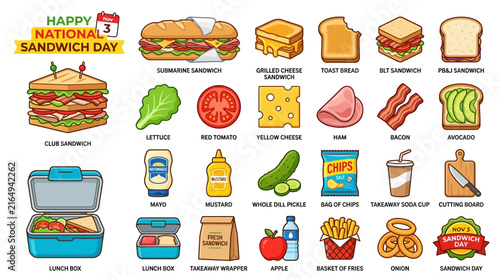 National Sandwich Day Illustration Set Featuring Various Food Items and Lunch Supplies for Festive Culinary Celebration
