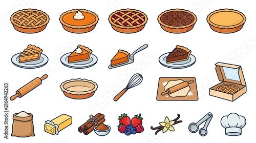 A comprehensive premium vector icon set featuring a diverse collection of baking ingredients, kitchen tools, and freshly baked fruit and dessert pies